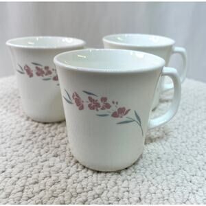 Mug Silk Blossoms Corning Corelle Lot of 3 White Glass Mauve Flowers 3 1/2"